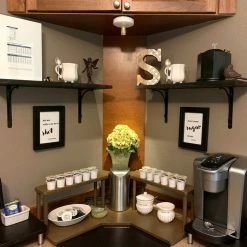Discount 🥰 BarMan Counter Caddies™ - Walnut-Stained Corner Shelf - Barista Style W/ K-CUP Holes & Trash Can Inset - Available In Black 🛒 -Barman Shop CounterCaddy CounterShelf CoffeeStation 1600 700x700
