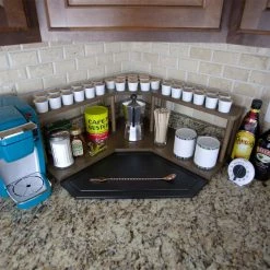 Top 10 🥰 BarMan Counter Caddies™ - Walnut-Stained Corner Shelf - Barista Style W/ K-CUP Holes ✔️ -Barman Shop counter caddies corner k cups stained decorated front 700x700