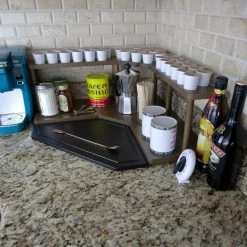 Top 10 🥰 BarMan Counter Caddies™ - Walnut-Stained Corner Shelf - Barista Style W/ K-CUP Holes ✔️ -Barman Shop counter caddies corner k cups stained decorated side 700x700