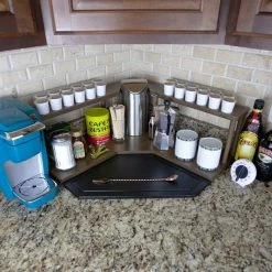 Discount 🥰 BarMan Counter Caddies™ - Walnut-Stained Corner Shelf - Barista Style W/ K-CUP Holes & Trash Can Inset - Available In Black 🛒 -Barman Shop counter caddies corner trash k cups stained decorated front 700x700
