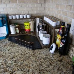 Discount 🥰 BarMan Counter Caddies™ - Walnut-Stained Corner Shelf - Barista Style W/ K-CUP Holes & Trash Can Inset - Available In Black 🛒 -Barman Shop counter caddies corner trash k cups stained decorated side 700x700