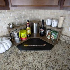 Deals 🌟 BarMan Counter Caddies™ - Walnut-Stained Corner Shelf - Barista Style W/ Trash Can Inset - Available In Black ⭐ -Barman Shop counter caddies corner trash stained decorated front 700x700