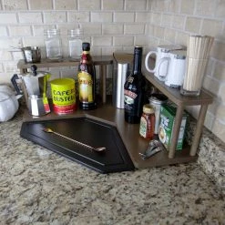 Deals 🌟 BarMan Counter Caddies™ - Walnut-Stained Corner Shelf - Barista Style W/ Trash Can Inset - Available In Black ⭐ -Barman Shop counter caddies corner trash stained decorated side 700x700