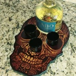 Deals 🎉 BarMan Shot Glass And Bottle Caddy - Rustic Wood Skull ⌛ -Barman Shop skull shot tray rustic 700x700